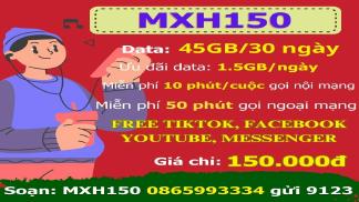 Gói MXH150 Viettel chỉ với 150k miễn phí data TikTok, Youtube, Facebook + Gọi thả ga