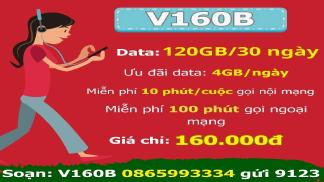 Gói V160B Viettel 160k có 4Gb DATA/ 30 Ngày+ Gọi miễn phí