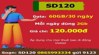 Gói SD120 Viettel 120K/tháng, 60GB Data 4G trong 30 ngày