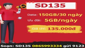 Gói SD135 Viettel 135k có ngay 150Gb (5Gb/ ngày) trong 30 ngày