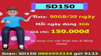 Gói SD150 Viettel - 150.000đ/30 ngày, 90GB Data 4G tốc độ cao