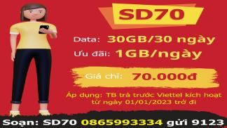 Gói SD70 Viettel 70k có 30GB Data tốc độ cao /30 ngày